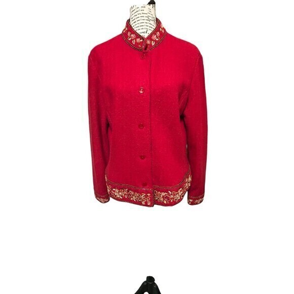 Red Wool‎ Jacket Blazer Ethnic Bohemian Button Down Sequin Embroidery Sz… - Picture 1 of 9